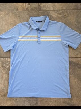 Travis Mathew Light Blue Polo with Yellow & White Stripes